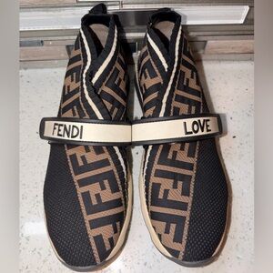 Fendi Black and Brown Logo Slip-On Shoes